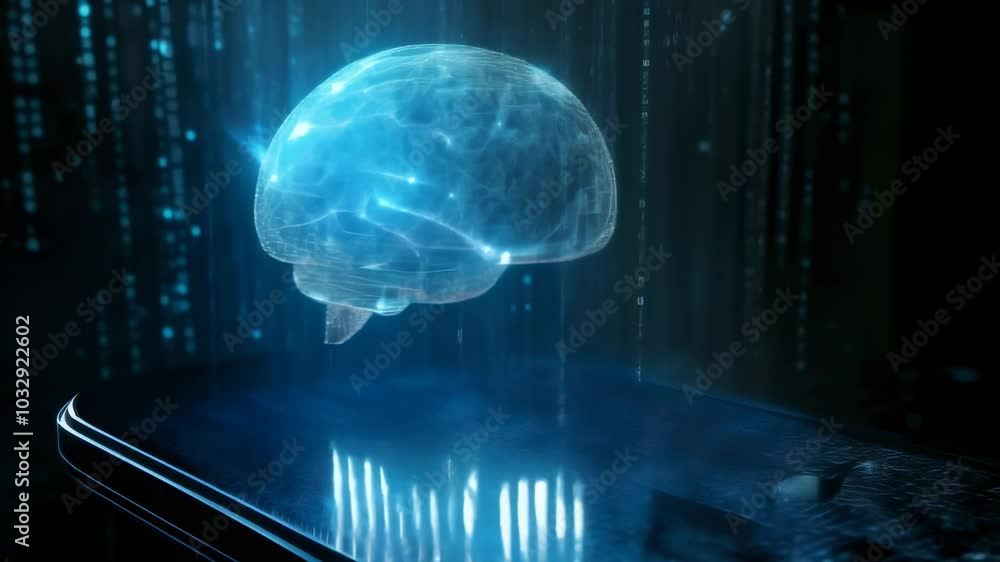 Poster Abstract image representing the power of artificial intelligence with a smartphone projecting a blue brain hologram while code rains down in the background
