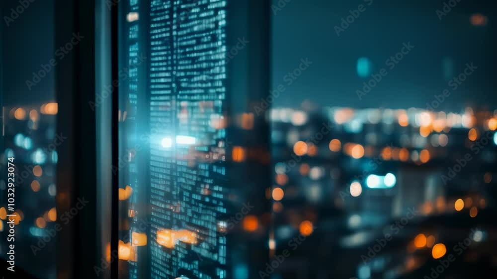 Poster Software developer gazes at city lights reflected in code, showcasing the fusion of technology and urban life in the digital age