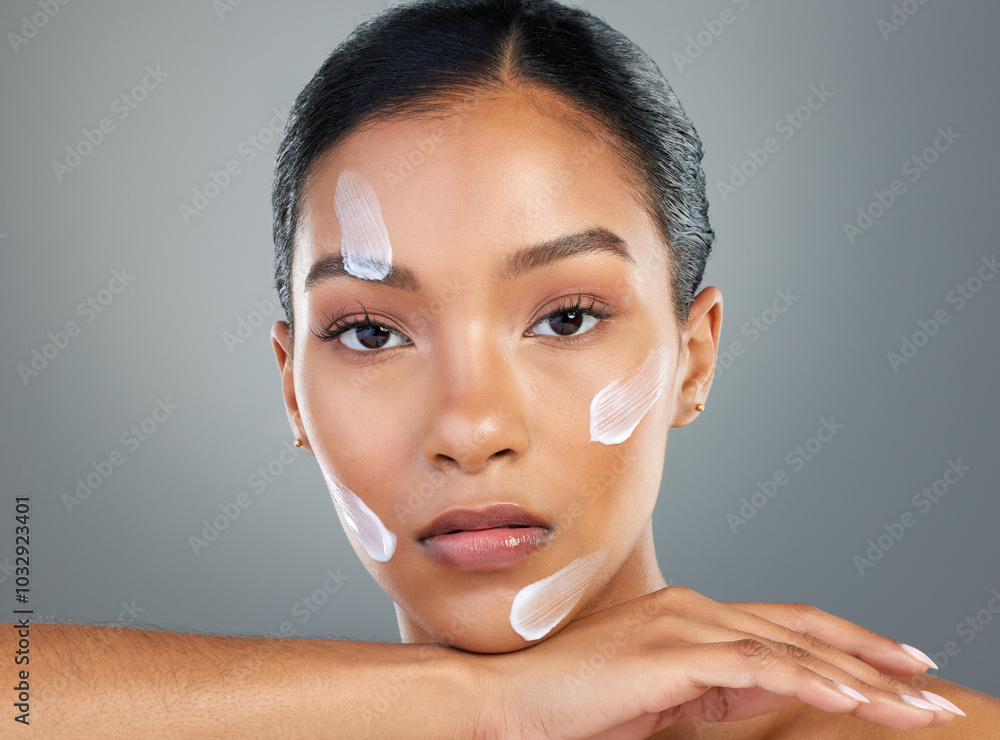 Poster Woman, cream and skincare in studio portrait with test, process and change for beauty by background. Girl, person and model with cosmetics, makeup and moisturizer serum for transformation in Colombia