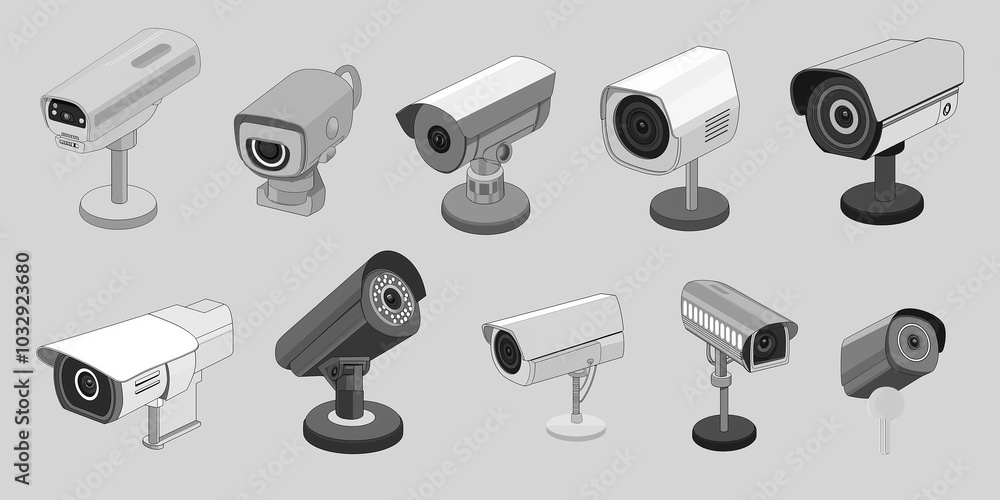 Poster set of security cameras recording in black and white