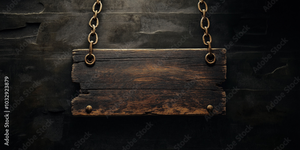 Poster old wooden sign hanging from rusty chains on dark background