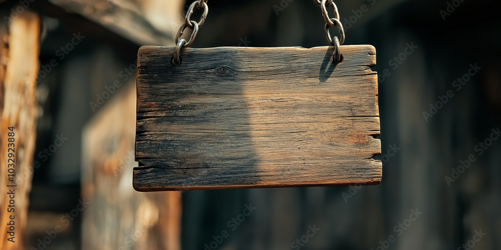Poster old empty wooden sign hanging on chains is displaying nothing