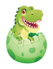 Baby Tyrannosaurus Rex smiling and hatching from a cracked egg. Vector cartoon illustration