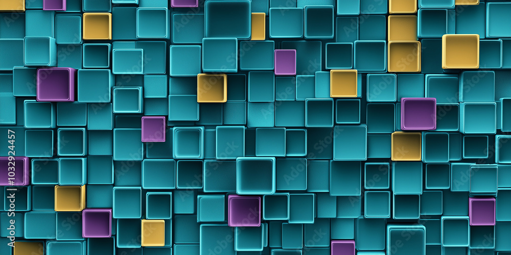 Poster abstract background showing turquoise squares pattern with purple and yellow accents