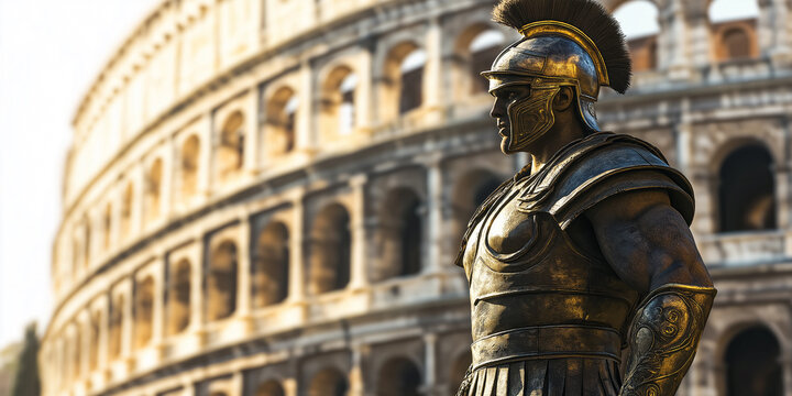 Bronze statue of roman legionary standing guarding colosseum in rome