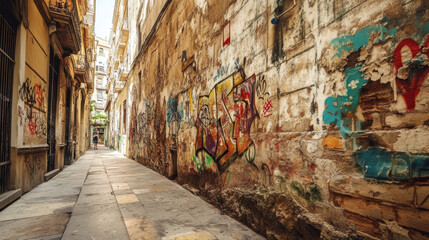 Fototapeta premium A colorful, urban wall features a collage of posters, graffiti, and street art, showcasing vibrant designs and textures in a gritty, urban environment.