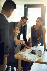 Business people, laptop and collaboration in office for communication, planning and development...