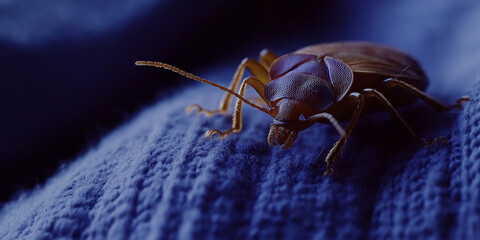 Bed bug crawling on blue fabric close up