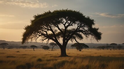 Obraz premium A lone acacia tree stands tall in the golden light of dawn, its silhouette a stark contrast against the vast African savanna.