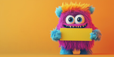 Fototapeta premium Cute colorful hairy monster holding empty yellow board sign on orange background