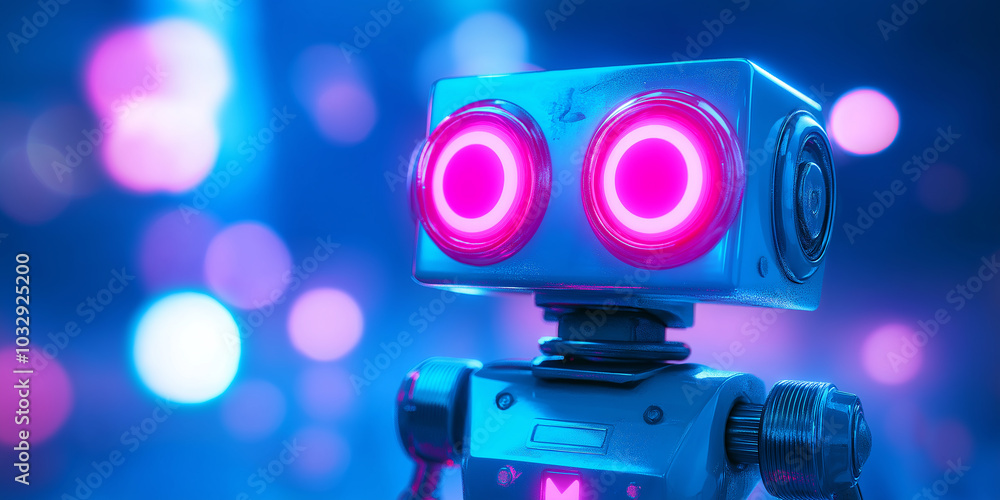 Aufkleber cute robot posing with neon lights in background
