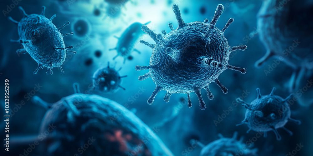 Poster microscopic view of virus cells floating in an organism