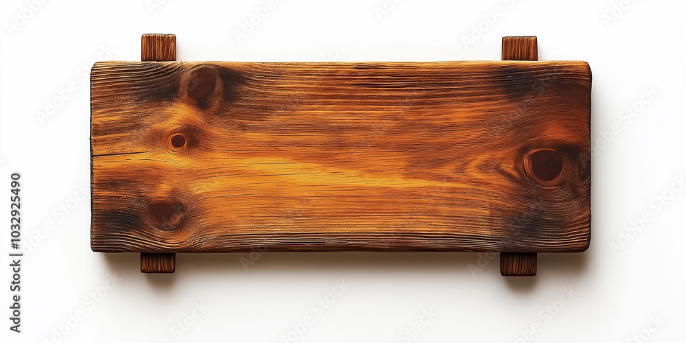Poster empty wooden board with scorched edges on white background