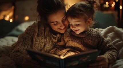 Mother and daughter reading bedtime story together. Cozy evening bonding with warm lighting. Sleep hygiene and bedtime routine concept.
