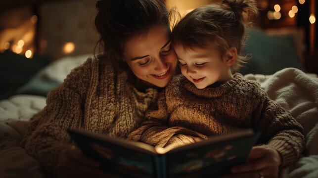 Mother and daughter reading bedtime story together. Cozy evening bonding with warm lighting. Sleep hygiene and bedtime routine concept.