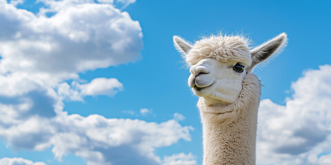 Obraz premium White alpaca posing with blue sky and clouds background