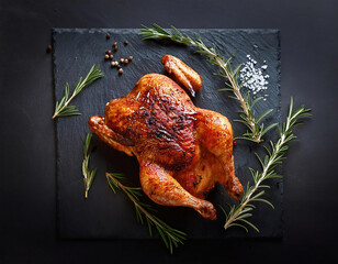 Roasted whole chicken with rosemary and spices on a black stone slate over black background, top view