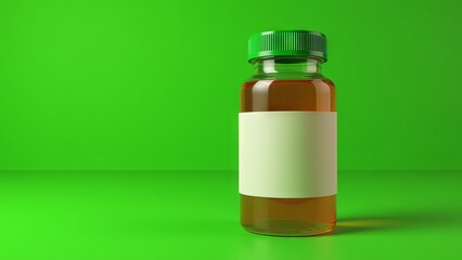Generative, AI, Small amber glass bottle with blank label on green background, minimalistic pharmaceutical or cosmetic concept.

