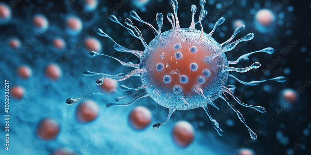 Poster microscopic virus with tentacles floating in a body