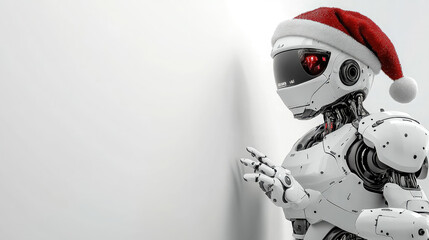 3d cartoon white robot in red santa claus hat on white background, empty space for text in the middle of the image, christmas, new year, technology, future, android, robotics, xmas