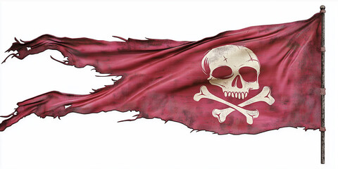 Tattered pirate flag waving in the wind on white background