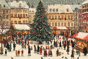Obraz premium A bustling city square filled with people celebrating the Christmas holiday, with a giant Christmas tree, market stalls, and holiday music playing.