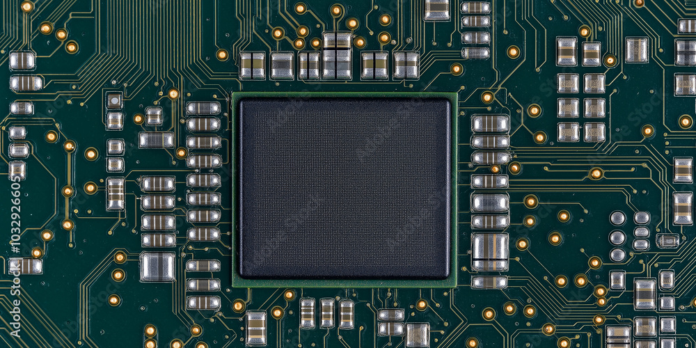 Poster Electronic circuit board showing computer technology with cpu microchip