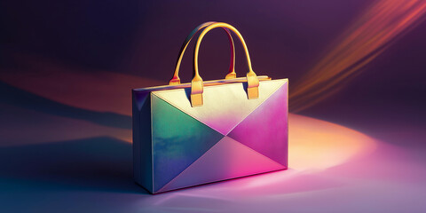 Holographic iridescent leather handbag shining in spotlights