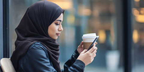 Young muslim woman using smartphone and drinking coffee in a cafe