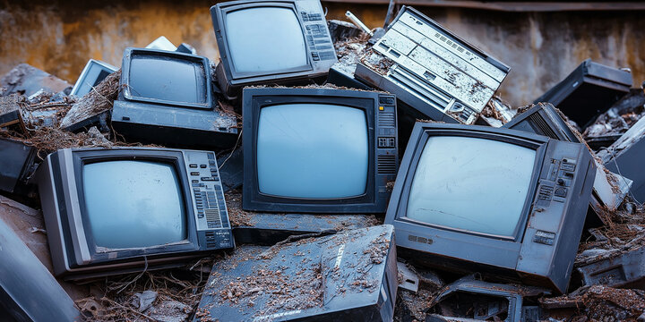 Pile of old televisions showing planned obsolescence of technology