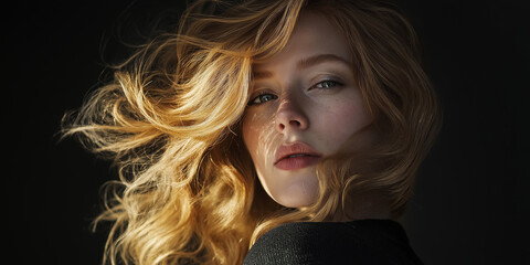 Beautiful blonde woman posing with wind blowing hair on black background