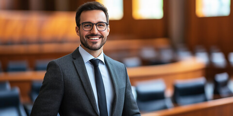 Politician smiling while standing in government building