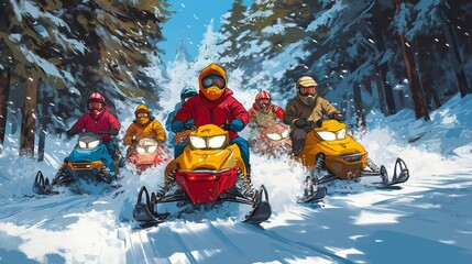 Group of people snowmobiling through a snowy forest trail, dressed in colorful winter gear, capturing the excitement and adventure of winter sports in the wilderness.