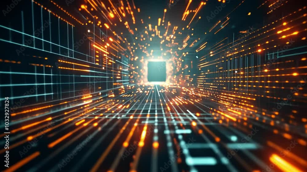 Poster A stunning visual captures a tunnel of glowing particles and lines, creating a dazzling effect that highlights the energy and movement typical of digital environments.