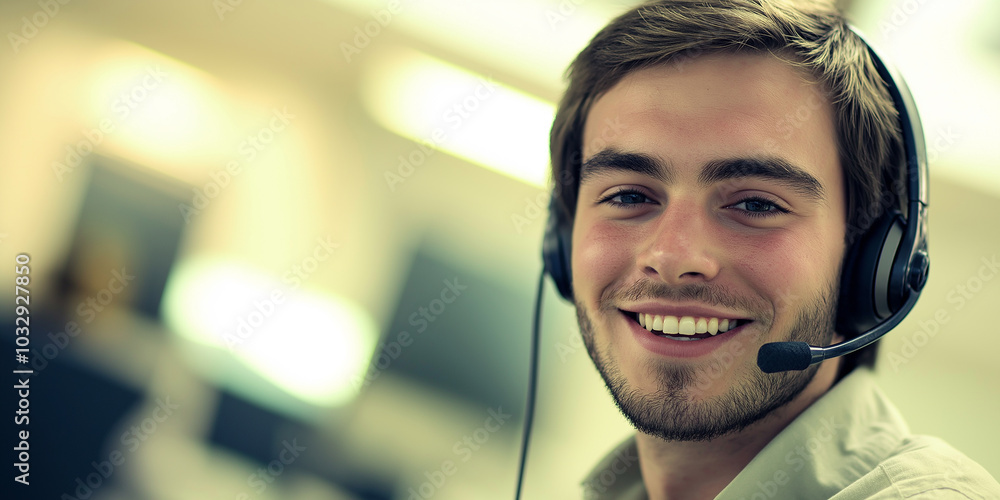 Poster Young male call center employee smiling while working on computer