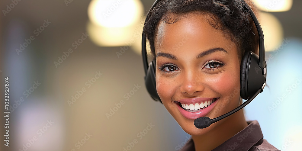Poster Beautiful call center agent smiling while wearing headset in office