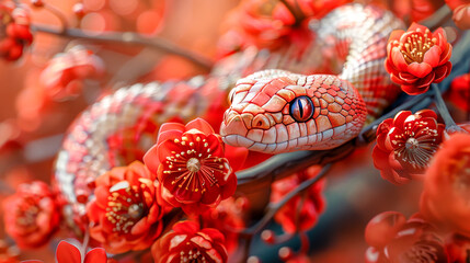 Beautiful red snake gracefully coiled among bright red flowers signifies prosperity and renewal, welcoming festive spirit of Chinese New Year in 2025. Copy space
