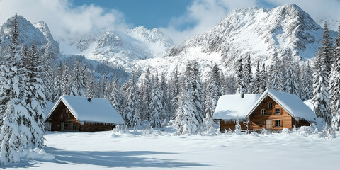 Fototapeta premium Sun shining on a snowy mountain landscape with two wooden cabins and evergreen trees
