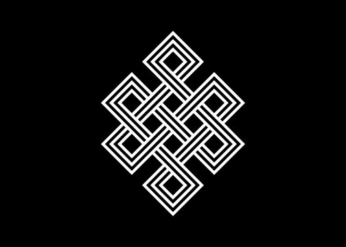 endless tibetan eternal knot symbol tattoo logo isolated on black background. vector illustration.