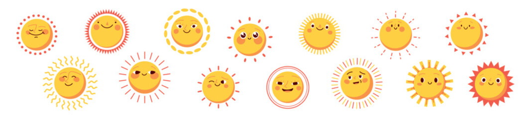 Cute sun with smiling face and sunshine rays. Summer sticker and sunny weather icon. Happy cartoon character with doodle graphic. Flat vector illustration isolated