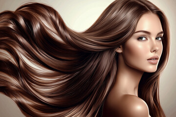 Obraz premium A woman with natural dark brown wavy hair. Image of hair dye packaging