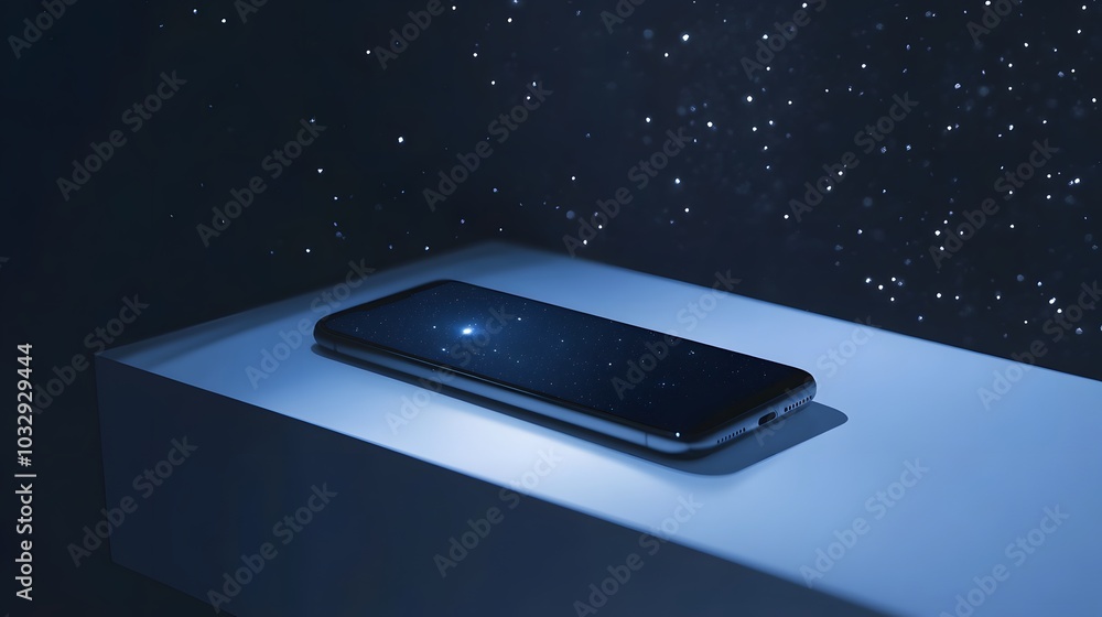 Poster 1. a sleek smartphone displayed on a floating shelf with stars in the background