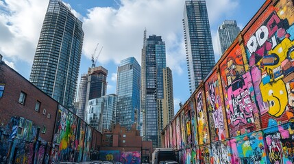 Obraz premium Steel towers soar towards the clouds, their lower walls transformed by urban street art, a powerful fusion of modern and creative expression