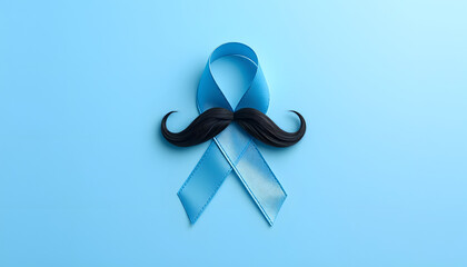Top view on Light blue ribbon with mustache on blue background. Prostate Cancer Awareness, Movember Men's health awareness, November Blue, International Men's Day isolated with white highlights, png