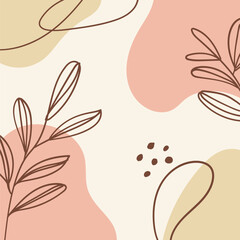 Obraz premium Leaves and abstract shapes. A composition with black outlines of leaves against a background of soft abstract shapes.