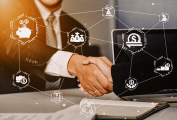 Finance and Money Transaction Technology Concept. Icon Graphic interface showing fintech trade exchange, profit statistics analysis and market analyst service in modern computer application.