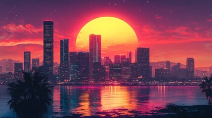 Obraz premium 70s-inspired futuristic city, glass skyscrapers gleaming in the sun, ground-level street art murals adding a splash of vibrant culture to the scene