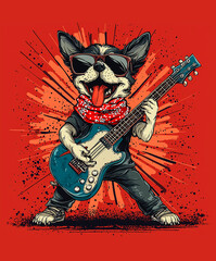 Fototapeta premium Dog t-shirt print illustration with guitar