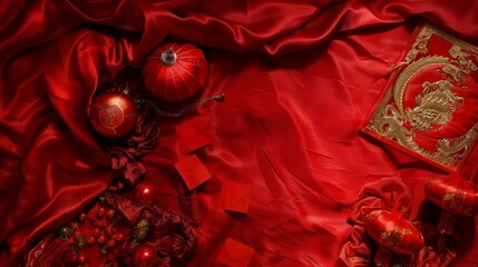 Lunar New Year Spring Festivities. Rich Red Decor with Golden Dragons and Festive Lanterns Symbolizing Prosperity and Good Fortune. A Festive Border. Flat lay background. Copy Space for text.