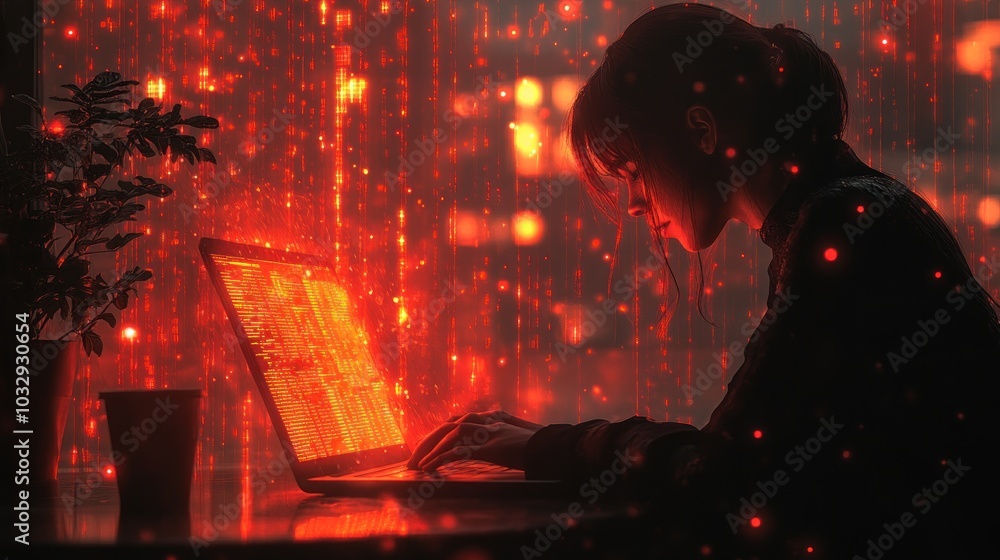 Poster a young woman sits at a table in front of a window with a laptop in front of her. the window has a r